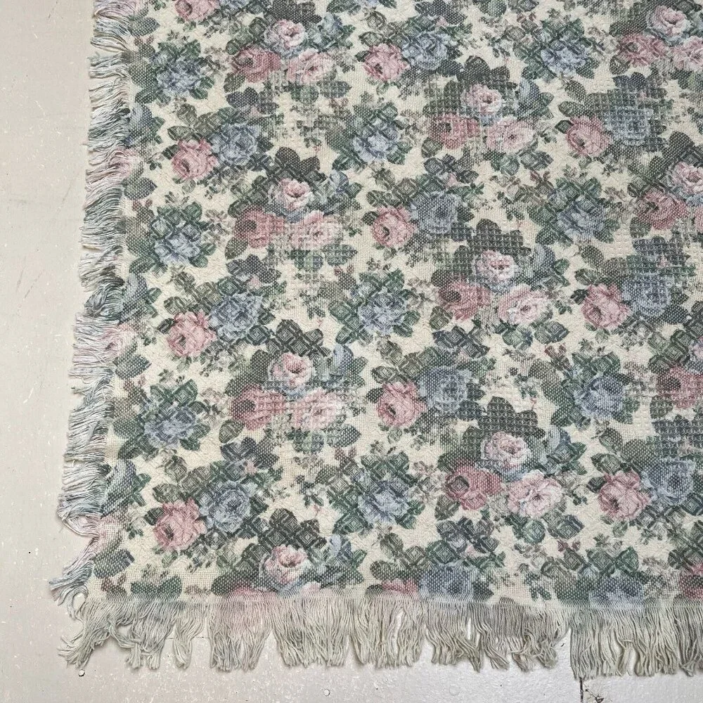 European Classics Simply Country Rose Throw Blanket Fringe Pink Flower Power Vtg